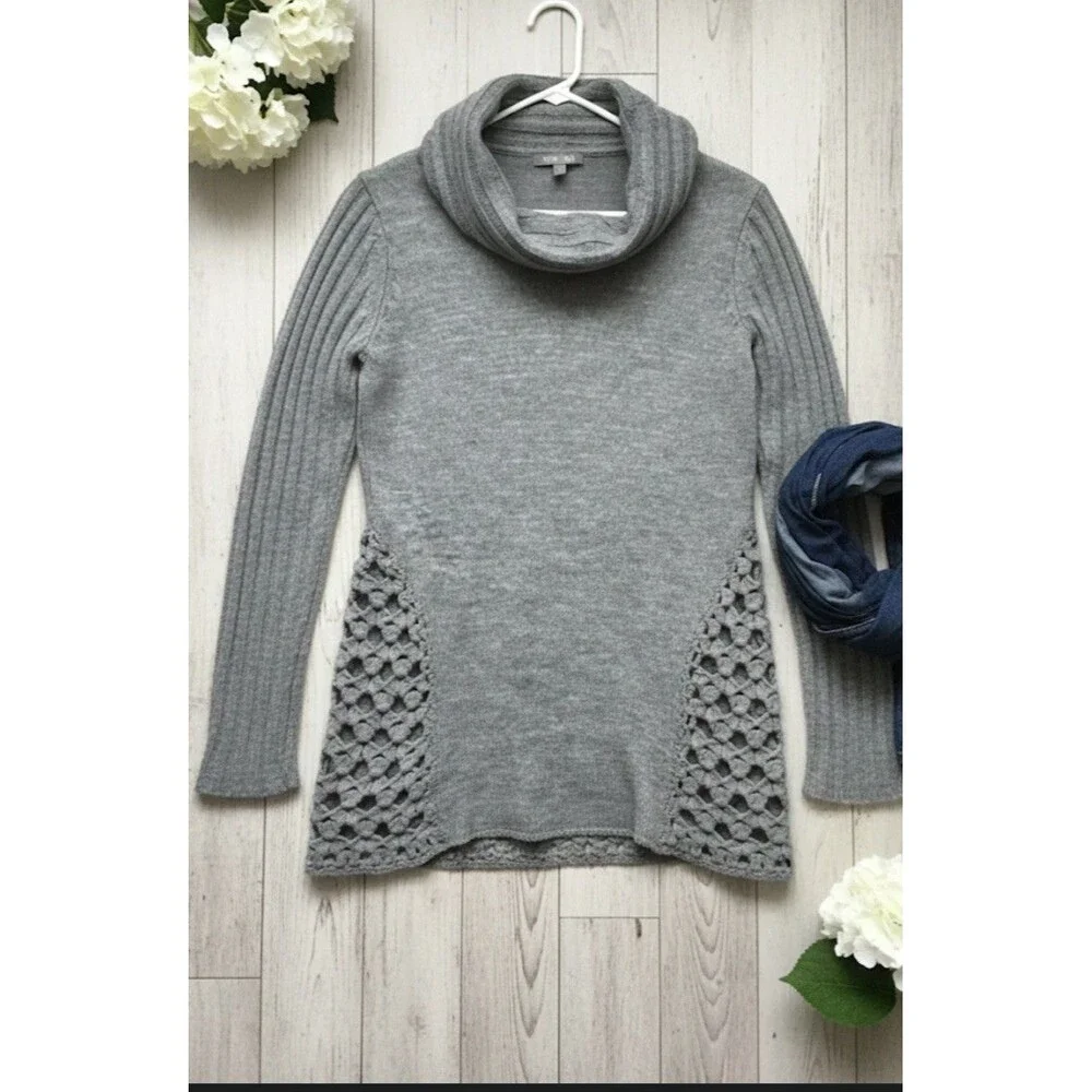 Roz & Ali Ribbed Cowl Neck Sweater Wool Blend Lattice Detail Medium Boho